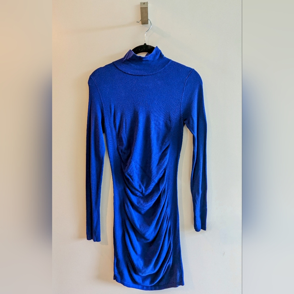 Express Mock Neck Ruched Sweater Dress Blue